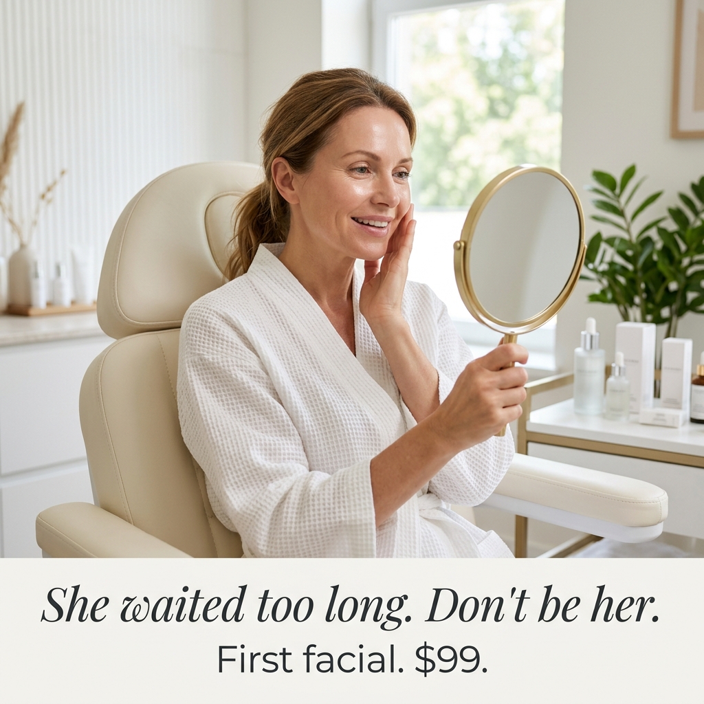 She waited too long. Don't be her. Med spa facial ad