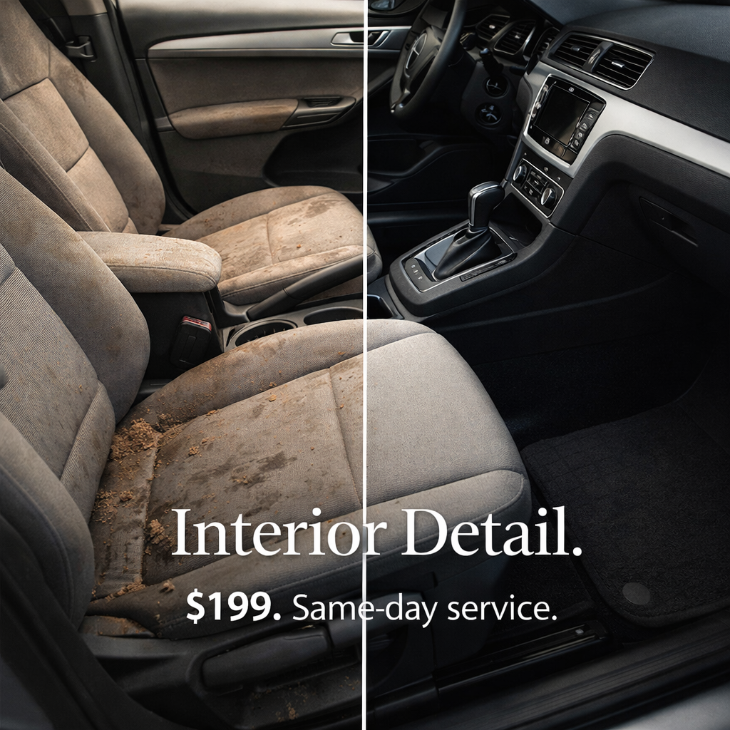 Auto detailing before and after ad — Interior Detail $199 same-day service