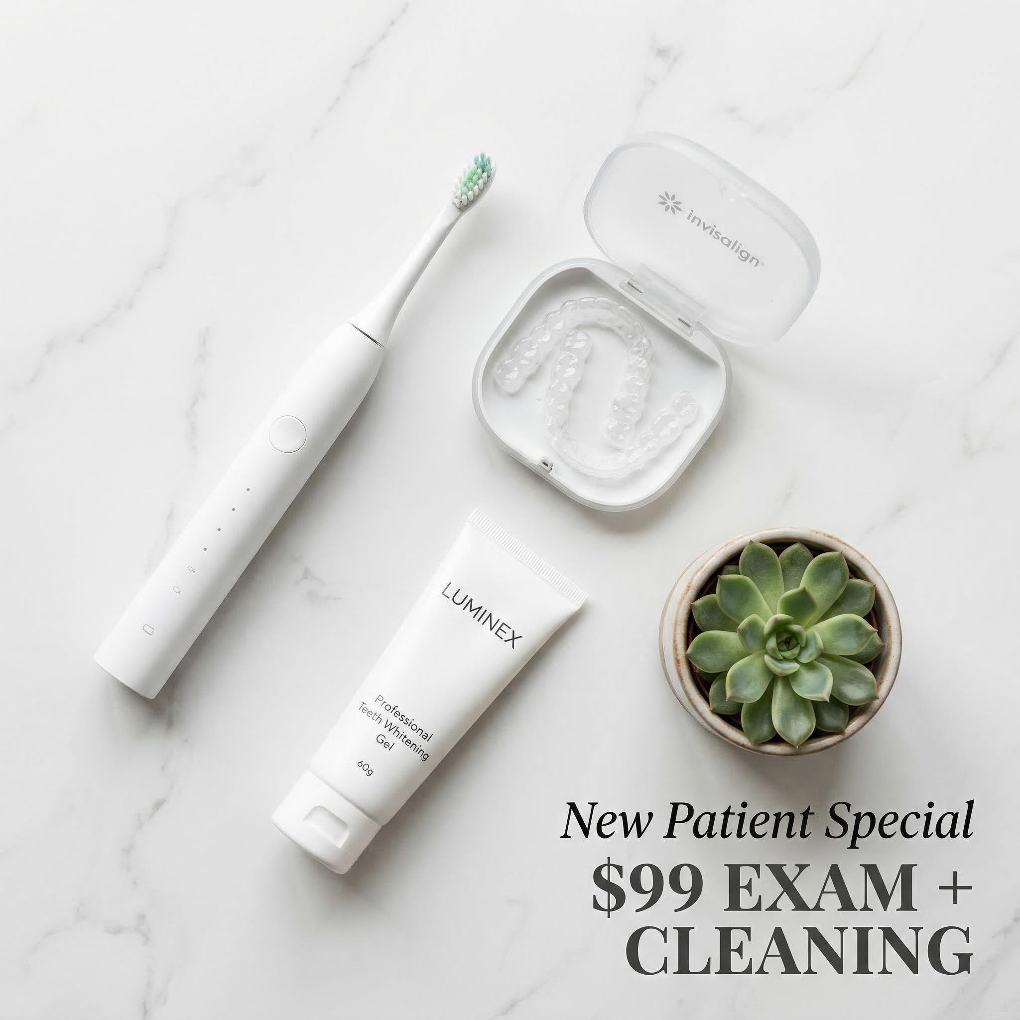 New Patient Special — $99 exam and cleaning flat lay
