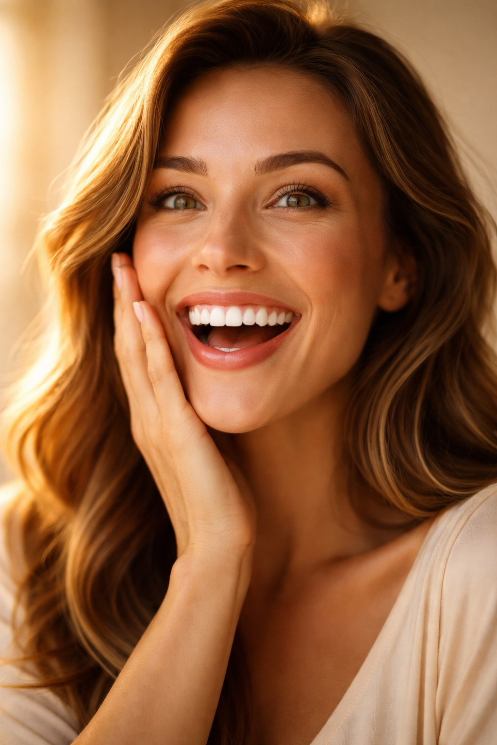 Woman reacting to her new smile after dental treatment