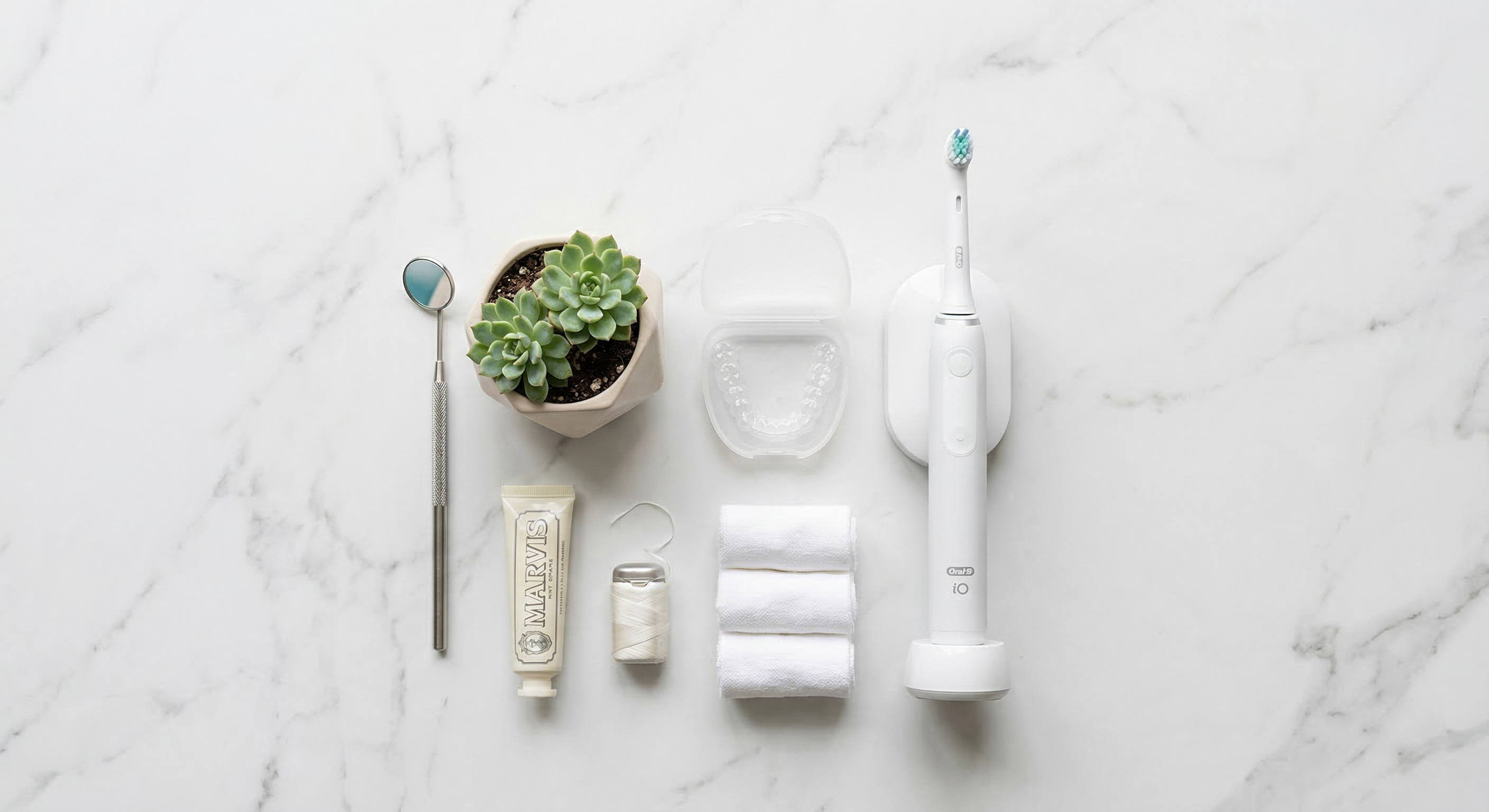 Dental tools flat lay — premium editorial style